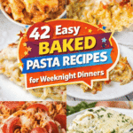 42 easy baked pasta recipes perfect for busy weeknight dinners, potlucks, and feeding a crowd. This huge casserole roundup includes baked ziti, spaghetti, lasagna, stuffed shells, manicotti, ravioli, rotini, cavatappi, and mac and cheese favorites. You’ll find Alfredo pasta, marinara pasta, chicken parmesan pasta, buffalo chicken pasta, taco pasta, pizza pasta, Philly cheese steak pasta, and cheddar bacon ranch pasta. Recipes include options with ground beef, sausage, chicken, frozen meatballs and meatballs, plus vegetarian and no meat meals with spinach artichoke, broccoli, vegetables, ricotta, cream cheese, and Alfredo. Simple dump and bake, no boil, family friendly comfort food dinners.