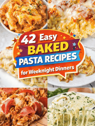 42 easy baked pasta recipes perfect for busy weeknight dinners, potlucks, and feeding a crowd. This huge casserole roundup includes baked ziti, spaghetti, lasagna, stuffed shells, manicotti, ravioli, rotini, cavatappi, and mac and cheese favorites. You’ll find Alfredo pasta, marinara pasta, chicken parmesan pasta, buffalo chicken pasta, taco pasta, pizza pasta, Philly cheese steak pasta, and cheddar bacon ranch pasta. Recipes include options with ground beef, sausage, chicken, frozen meatballs and meatballs, plus vegetarian and no meat meals with spinach artichoke, broccoli, vegetables, ricotta, cream cheese, and Alfredo. Simple dump and bake, no boil, family friendly comfort food dinners.