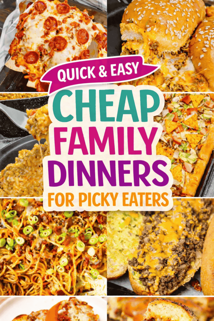 Easy weeknight dinners your whole family will actually eat! These kid friendly dinners are perfect for busy school nights, picky eaters, and lazy mom meals. Quick cheap dinners for families, easy dinner recipes for kids, simple school night meals, budget friendly dinners, and fast family dinners all in one list. Great ideas for picky eater dinners, quick weeknight meals, easy dinners on a budget, frugal family meals, simple kid approved recipes, easy dinner ideas for busy nights, quick meals for the week, school night dinner recipes, weekly meal planning, family dinner inspiration, affordable recipes, and easy comfort food everyone will love.