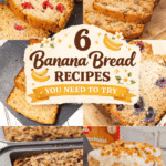 6 easy banana bread recipes that are perfectly moist, simple to make, and full of flavor. Whether you only have 2 bananas or 3 bananas sitting on the counter, these recipes make it easy to bake something delicious. You’ll find 4 ingredient banana bread for quick baking, healthy banana bread options, blueberry banana bread, raspberry banana bread, cream cheese banana bread, toffee pecan banana bread, and classic chocolate chip banana bread. These moist banana bread recipes are perfect for breakfast, snacks, meal prep, and freezer friendly baking. Great for busy mornings, school lunches, and easy homemade treats everyone will love.