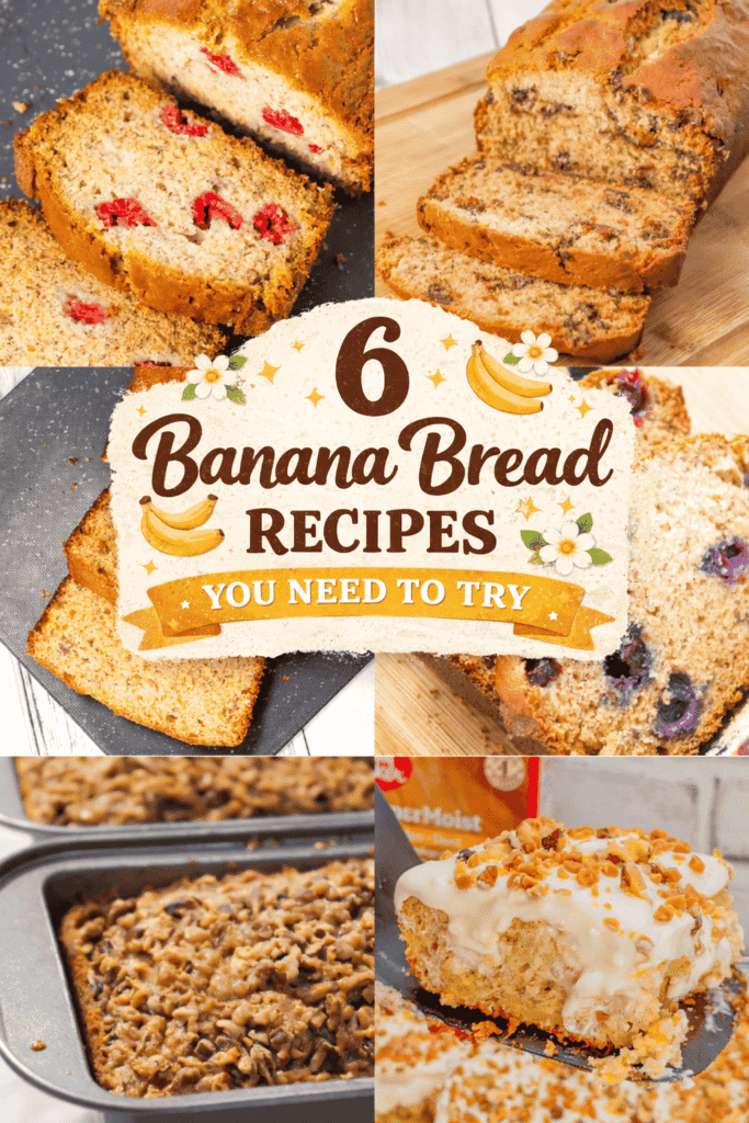 6 easy banana bread recipes that are perfectly moist, simple to make, and full of flavor. Whether you only have 2 bananas or 3 bananas sitting on the counter, these recipes make it easy to bake something delicious. You’ll find 4 ingredient banana bread for quick baking, healthy banana bread options, blueberry banana bread, raspberry banana bread, cream cheese banana bread, toffee pecan banana bread, and classic chocolate chip banana bread. These moist banana bread recipes are perfect for breakfast, snacks, meal prep, and freezer friendly baking. Great for busy mornings, school lunches, and easy homemade treats everyone will love.