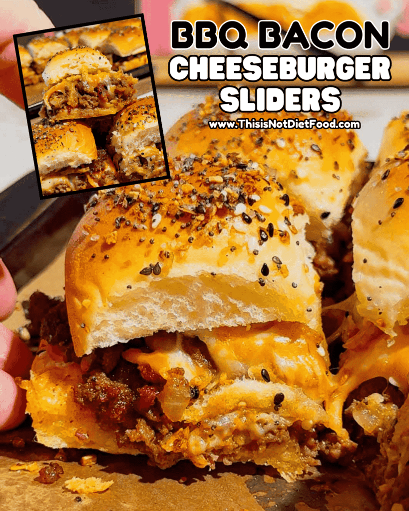 BBQ Bacon Cheeseburger Sliders are the ultimate easy dinner or party food! Juicy ground beef, diced onions, crumbled bacon, and BBQ sauce piled onto buttery King&rsquo;s Hawaiian rolls, topped with shredded cheddar, crispy fried onions, and everything bagel seasoning. Perfect for game day, potlucks, weeknight dinners, or crowd-pleasing appetizers. Save this cheesy slider recipe! 🍔🔥