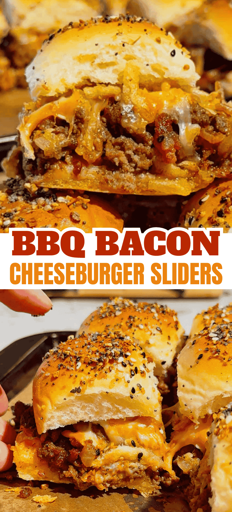 BBQ Bacon Cheeseburger Sliders are the ultimate easy dinner or party food! Juicy ground beef, diced onions, crumbled bacon, and BBQ sauce piled onto buttery King’s Hawaiian rolls, topped with shredded cheddar, crispy fried onions, and everything bagel seasoning. Perfect for game day, potlucks, weeknight dinners, or crowd-pleasing appetizers. Save this cheesy slider recipe! 🍔🔥