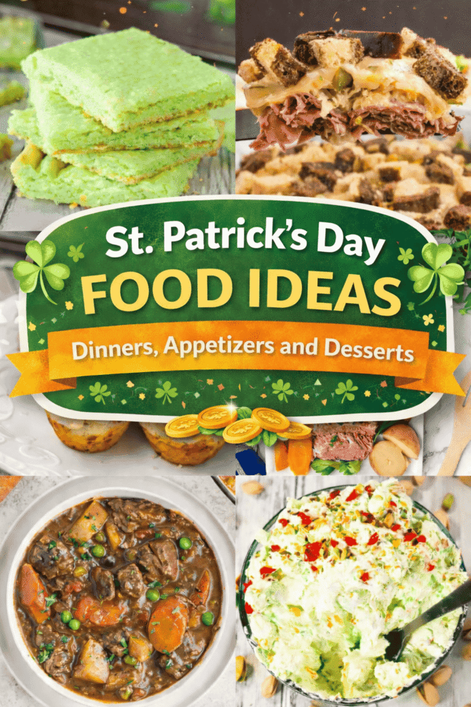 18 St Patrick’s Day food ideas perfect for festive family dinners and fun party spreads. This collection of Irish dinner recipes and Irish desserts includes shepherd’s pie, beef stew, crock pot corned beef with carrots and potatoes, corned beef grilled cheese, and reuben sandwich casserole. You’ll also find easy St Patrick’s Day meals like cream cheese bacon mashed potatoes, potato leek soup, steak and potato soup, plus appetizers, finger foods, biscuits, and kid friendly green food. Sweet treats include Baileys Irish cream fudge, mint Oreo pie, mint chocolate fudge, pistachio cookie bars, pistachio fluff salad, fruity pebbles treats, and avocado dip. Family friendly party ideas everyone will love.