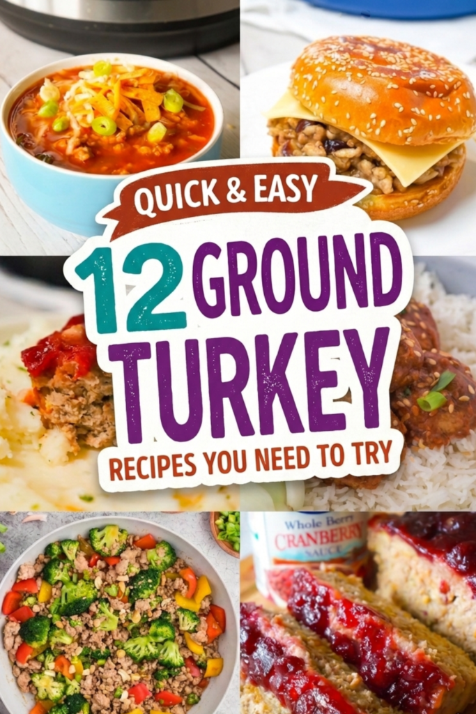 12 ground turkey recipes perfect for dinner and healthy family meals on busy weeknights. This collection includes simple and easy dinner ideas like ground turkey meatballs, turkey chili, sloppy Joes, hearty soup, meatloaf, stir fry with veggies, and quick skillet meals. You’ll also find recipes with rice, quinoa, pasta, and potatoes that are perfect for meal prep and feeding families. Includes kid friendly dinners for picky eaters and creative options like muffin tin meatloaf bites and Instant Pot meals. These quick and healthy ground turkey meals are perfect for busy nights when you need simple weeknight dinners everyone will enjoy.