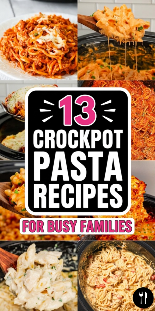 13 crockpot pasta recipes perfect for busy weeknights and easy family dinners. This collection includes chicken pasta crockpot recipes, chicken and pasta crockpot recipes, crockpot pasta recipes ground beef, and crockpot penne pasta recipes that are simple and satisfying. You’ll find ground beef crock pot spaghetti, crock pot pasta recipe Alfredo, crockpot pasta recipes with meatballs, and creamy crockpot pasta recipes with cream cheese. These crockpot pasta recipes are kid friendly and perfect for feeding families on busy school nights or relaxing Sunday dinners. With dump and go slow cooker meals like lasagna, Italian sausage pasta, and meatless pasta dishes, these crockpot pasta recipes are perfect for meal prepping and easy dinners.