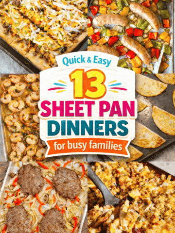 13 tasty sheet pan recipes perfect for busy weeknights and easy family dinners. This collection of baked sheet pan recipes includes quick and easy chicken, sausage, beef, shrimp, and turkey dinners cooked together with potatoes and veggies. Discover sheet pan pizza, taco nachos, sloppy joe bakes, quesadillas, chicken parm, sheet pan lasagna, baked hamburger steaks, and even poutine inspired meals. These cheap sheet pan meals are perfect for kids and picky eaters and feature broccoli, carrots, peppers, and Brussels sprouts roasted in the oven. Great for meal prep, freezer friendly dinners, school nights, and feeding a crowd.