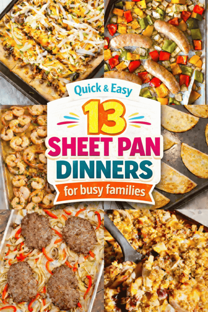 13 tasty sheet pan recipes perfect for busy weeknights and easy family dinners. This collection of baked sheet pan recipes includes quick and easy chicken, sausage, beef, shrimp, and turkey dinners cooked together with potatoes and veggies. Discover sheet pan pizza, taco nachos, sloppy joe bakes, quesadillas, chicken parm, sheet pan lasagna, baked hamburger steaks, and even poutine inspired meals. These cheap sheet pan meals are perfect for kids and picky eaters and feature broccoli, carrots, peppers, and Brussels sprouts roasted in the oven. Great for meal prep, freezer friendly dinners, school nights, and feeding a crowd.