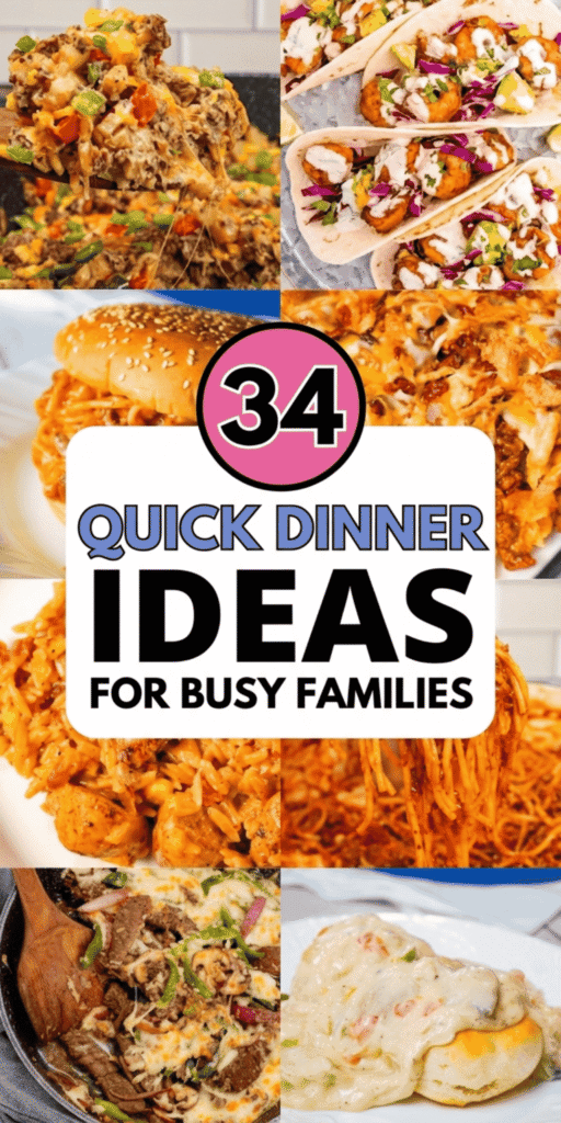 Need quick dinner ideas for busy families? These 34 easy weeknight dinner ideas include quick and easy dinner recipes, 30 minute dinners, and dump and go crockpot dinners perfect for hectic nights. Discover cheap dinners for a family, lazy dinners, kid friendly dinners, and easy meals for dinner using simple ingredients. From ground beef dishes to quick chicken and delicious vegetarian meals, these easy family friendly dinners are perfect for picky eaters. Great for meal planning menus, busy weeknight meals families love, and super easy weeknight dinners everyone will eat.