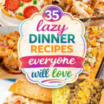 35 lazy dinner recipes perfect for busy weeknight meals and quick dinners for family. This collection of easy recipes includes crockpot meals, dump and bake casseroles, and one pot dinners made with ground beef, ground chicken, rotisserie chicken, and chicken breasts. You’ll find sloppy Joes, tacos, pizza, grilled cheese, sliders, subs, tortellini Alfredo, and rice dinners kids and picky eaters will love. Recipes feature crescent roll dough, condensed soup, loaded garlic bread, English muffin pizzas, Texas toast, and comfort food favorites with potatoes and bread. Family friendly, kid approved dinners made for real life busy nights.