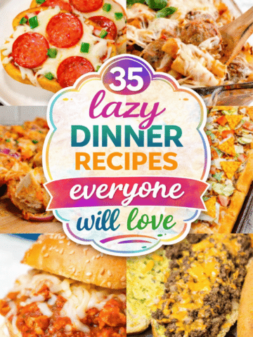 35 lazy dinner recipes perfect for busy weeknight meals and quick dinners for family. This collection of easy recipes includes crockpot meals, dump and bake casseroles, and one pot dinners made with ground beef, ground chicken, rotisserie chicken, and chicken breasts. You’ll find sloppy Joes, tacos, pizza, grilled cheese, sliders, subs, tortellini Alfredo, and rice dinners kids and picky eaters will love. Recipes feature crescent roll dough, condensed soup, loaded garlic bread, English muffin pizzas, Texas toast, and comfort food favorites with potatoes and bread. Family friendly, kid approved dinners made for real life busy nights.