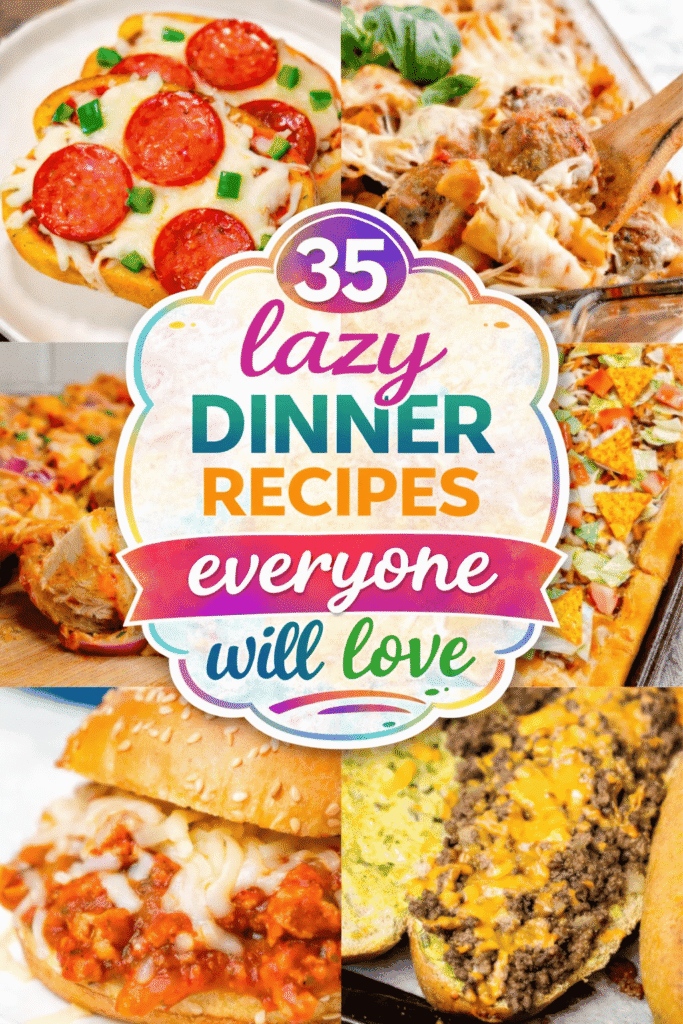 35 lazy dinner recipes perfect for busy weeknight meals and quick dinners for family. This collection of easy recipes includes crockpot meals, dump and bake casseroles, and one pot dinners made with ground beef, ground chicken, rotisserie chicken, and chicken breasts. You’ll find sloppy Joes, tacos, pizza, grilled cheese, sliders, subs, tortellini Alfredo, and rice dinners kids and picky eaters will love. Recipes feature crescent roll dough, condensed soup, loaded garlic bread, English muffin pizzas, Texas toast, and comfort food favorites with potatoes and bread. Family friendly, kid approved dinners made for real life busy nights.