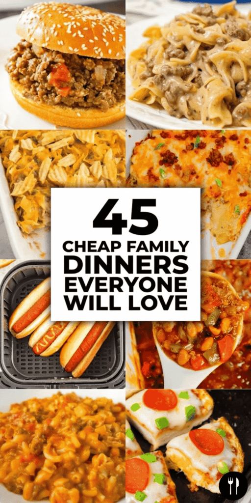 45 cheap family dinners perfect for saving money on groceries while still feeding a hungry family. This collection of easy recipes includes chicken dinners, ground beef meals, tuna recipes, and vegetarian options perfect for frugal meal planning. You’ll find skillet meals, stove top dinners, air fryer recipes, casseroles, and one pot meals made with pasta, potatoes, and rice. These inexpensive meals are great for big families, families of 4, and even dinners for 6. Perfect for busy weeknights and school nights, these budget friendly recipes use simple ingredients and are great for meal prep, menu planning, and making your grocery budget stretch further.