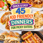 45 kid friendly dinner ideas perfect for picky eaters and busy family nights. This collection of easy meals includes chicken dinners, ground beef recipes, pizza, pasta, tacos, spaghetti, sliders, sloppy Joes, casseroles, crescent roll recipes, and creamy mac and cheese favorites kids and adults both love. You’ll also find simple rice meals and veggie packed dinners that kids will actually eat. Great for family dinners, kids sleepover food, party meals, and recipes kids can help with or cook themselves. Includes air fryer dinners and quick weeknight meals designed for real families needing stress free dinners picky eaters will like.