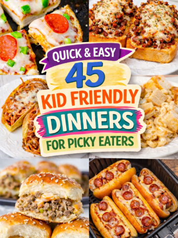 45 kid friendly dinner ideas perfect for picky eaters and busy family nights. This collection of easy meals includes chicken dinners, ground beef recipes, pizza, pasta, tacos, spaghetti, sliders, sloppy Joes, casseroles, crescent roll recipes, and creamy mac and cheese favorites kids and adults both love. You’ll also find simple rice meals and veggie packed dinners that kids will actually eat. Great for family dinners, kids sleepover food, party meals, and recipes kids can help with or cook themselves. Includes air fryer dinners and quick weeknight meals designed for real families needing stress free dinners picky eaters will like.