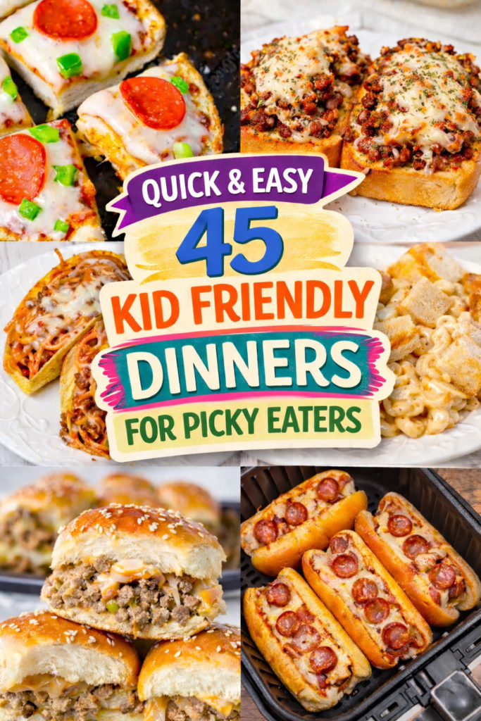 45 kid friendly dinner ideas perfect for picky eaters and busy family nights. This collection of easy meals includes chicken dinners, ground beef recipes, pizza, pasta, tacos, spaghetti, sliders, sloppy Joes, casseroles, crescent roll recipes, and creamy mac and cheese favorites kids and adults both love. You’ll also find simple rice meals and veggie packed dinners that kids will actually eat. Great for family dinners, kids sleepover food, party meals, and recipes kids can help with or cook themselves. Includes air fryer dinners and quick weeknight meals designed for real families needing stress free dinners picky eaters will like.
