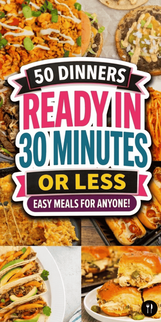 50 thirty minute meals perfect for busy weeknights when you need dinner on the table fast. This roundup includes easy dinner recipes made with ground beef, chicken, ground turkey, sausage, shrimp, pork, and rotisserie chicken. You’ll find skillet meals, stove top dinners, air fryer recipes, casseroles, and one pot meals that are perfect for families and picky eaters. Recipes include pasta dishes, gnocchi dinners, beef and broccoli, chicken and rice meals, and comfort food favorites with potatoes, rice, mushrooms, and orzo. These quick and easy dinners are kid friendly, budget friendly, and perfect for cheap family meals, meal planning, and simple weeknight cooking.