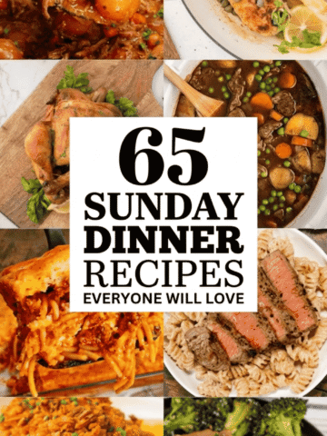 65 Sunday dinner ideas perfect for families who love comforting homemade meals. This roundup includes easy crockpot dinners, oven baked meals, stove top recipes, and one pot comfort food favorites. You’ll find chicken dinners with chicken breasts and chicken thighs, ground beef recipes, meatloaf, meatballs, pot roast, pork chops, beef tips, and steak dinners. These meals include sides like mashed potatoes, mac and cheese, rice, cornbread, and pasta dishes like lasagna and orzo. Perfect for after church meals, feeding a crowd, or serving large families. These kid friendly Sunday dinners are great for picky eaters, fall and winter comfort food, football Sundays, and budget friendly family meals.