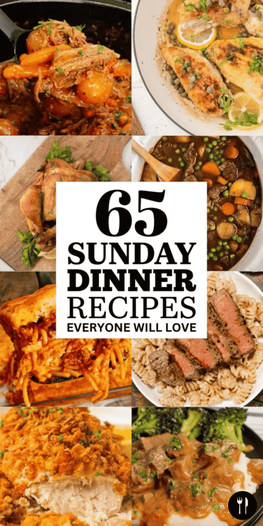 65 Sunday dinner ideas perfect for families who love comforting homemade meals. This roundup includes easy crockpot dinners, oven baked meals, stove top recipes, and one pot comfort food favorites. You’ll find chicken dinners with chicken breasts and chicken thighs, ground beef recipes, meatloaf, meatballs, pot roast, pork chops, beef tips, and steak dinners. These meals include sides like mashed potatoes, mac and cheese, rice, cornbread, and pasta dishes like lasagna and orzo. Perfect for after church meals, feeding a crowd, or serving large families. These kid friendly Sunday dinners are great for picky eaters, fall and winter comfort food, football Sundays, and budget friendly family meals.
