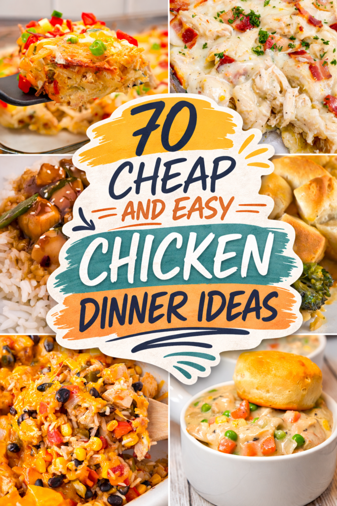 70 cheap and easy chicken dinner ideas perfect for busy weeknight dinners and school nights. This collection includes quick recipes for family meals using chicken breasts, chicken thighs, shredded chicken, and rotisserie chicken. You’ll find crockpot meals, Instant Pot dinners, one pot recipes, dump and bake casseroles, and simple chicken pasta dishes. Options include Mexican chicken, healthy meals with rice, dinners without pasta, and comforting recipes with potatoes, biscuits, and dumplings. Many recipes feature cream cheese, broccoli, noodles, and veggies for balanced meals kids love. Perfect for families of 4, toddlers, guests, or feeding a crowd on busy nights and weekends.