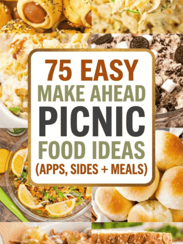 75 picnic food ideas perfect for summer gatherings, beach days, and outdoor lunches with friends and family. This collection includes simple and easy picnic recipes like sliders, pasta salads, taco salad, Doritos salad, broccoli salad, cucumber salad, coleslaw, and potato salad. You’ll find kid friendly snacks, chicken dishes, egg salad, chicken salad sandwiches, cold dip recipes, and appetizer ideas perfect for sharing. There are also sweet treats like cookies, dessert bars, no bake desserts, fruit salads, fluff salads, and dessert dips. These homemade picnic foods are great for couples, kids parties, birthdays, and large groups and include cheap, quick, and last minute picnic meal ideas for hot summer days.