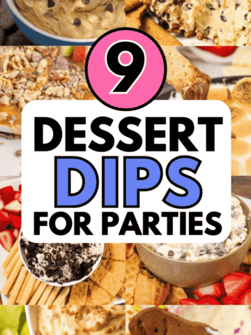 9 dessert dips for parties that are perfect for potlucks, holidays, and fun family gatherings. This collection includes easy dessert dips made with cream cheese, Cool Whip, chocolate chips, and other simple ingredients. You’ll find cold dessert dips that are perfect for dipping graham crackers, apples, fruit, pretzels, cookies, and vanilla wafers. These dessert dip ideas include funfetti dessert dip, Dunkaroo style dessert dip, and creamy dessert dip recipes that are great for kids and adults. Perfect for summer parties, fall gatherings, Thanksgiving dessert tables, Easter celebrations, and holiday parties, these easy dessert dips are sweet treats everyone will love.