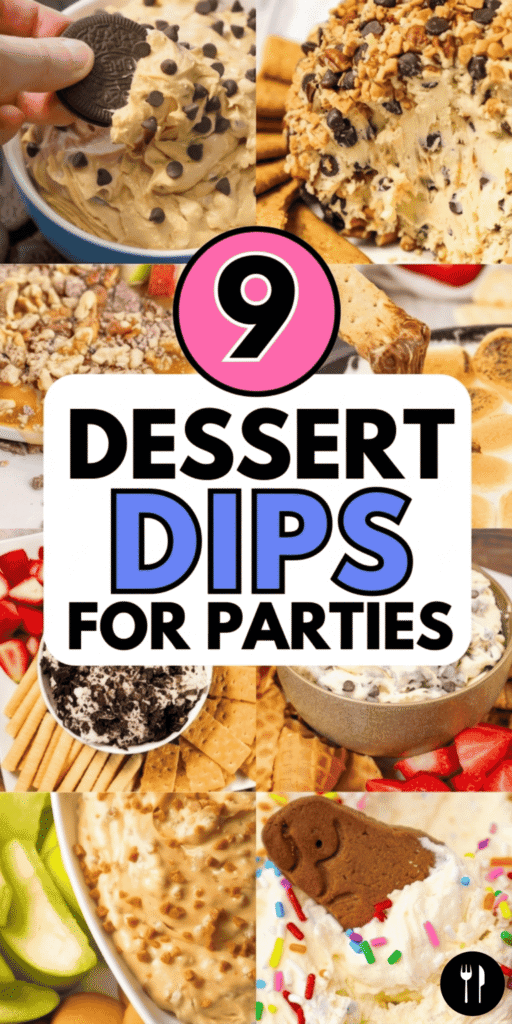 9 dessert dips for parties that are perfect for potlucks, holidays, and fun family gatherings. This collection includes easy dessert dips made with cream cheese, Cool Whip, chocolate chips, and other simple ingredients. You’ll find cold dessert dips that are perfect for dipping graham crackers, apples, fruit, pretzels, cookies, and vanilla wafers. These dessert dip ideas include funfetti dessert dip, Dunkaroo style dessert dip, and creamy dessert dip recipes that are great for kids and adults. Perfect for summer parties, fall gatherings, Thanksgiving dessert tables, Easter celebrations, and holiday parties, these easy dessert dips are sweet treats everyone will love.