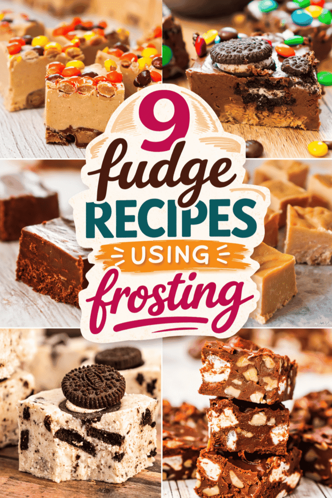 9 easy fudge recipes made with frosting that are perfect for holidays, bake sales, and party desserts. This collection includes chocolate fudge, peanut butter fudge, marshmallow fudge, Oreo fudge, toffee fudge, peanut butter cup fudge, and M&M fudge varieties. These easy fudge recipes use chocolate chips, vanilla frosting, mini marshmallows, mini Oreos, Reese’s Pieces, walnuts, and candy mix ins for rich flavor without condensed milk. Perfect for Christmas, Easter, Thanksgiving, potlucks, school treats, work parties, and desserts to sell. These no fail fudge recipes are kid friendly, simple to make, and ideal for holiday gifting or quick sweet treats.