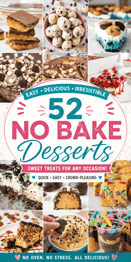 Looking for the ultimate collection of No Bake Desserts Easy Quick? This roundup of 52 No Bake Treats is packed with Simple Desserts, Easy Desserts With Few Ingredients, and No Bake Snacks perfect for busy days. From No Bake Cheesecake Recipes and Quick No Bake Cookies to Easy No-bake Chocolate Cookies and No Bake Chocolate Peanut Butter Oatmeal Cookies Recipe, there&rsquo;s something for every Sweet Tooth. These Homemade Desserts are ideal for Summer Cookout Desserts, Easy Party Desserts No Bake, and Take Along Desserts. Whether you need Quick And Easy No Bake Cookies, Cold Dessert Recipes No Bake, or Fun No Bake Recipes, this list has you covered.
