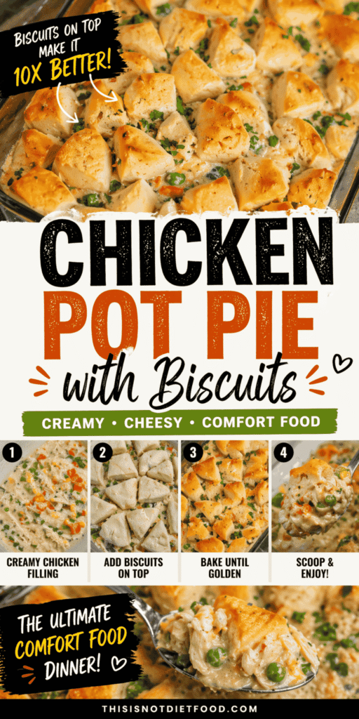 This easy chicken pot pie with biscuits is the ultimate cozy comfort meal, inspired by that classic Ina Garten chicken pot pie with biscuits recipe everyone loves. Loaded with tender chicken, creamy pot pie filling, and colorful vegetables, this biscuit chicken pot pie is perfect for busy weeknights. If you love lazy dinners, pot pie casserole, or homemade chicken pot pie recipes, this one delivers big flavor with minimal effort. The fluffy biscuit topping bakes up golden and flaky, making this easy pot pie with biscuits a family favorite. Perfect for dinner ideas chicken pot pie lovers will crave all season long.