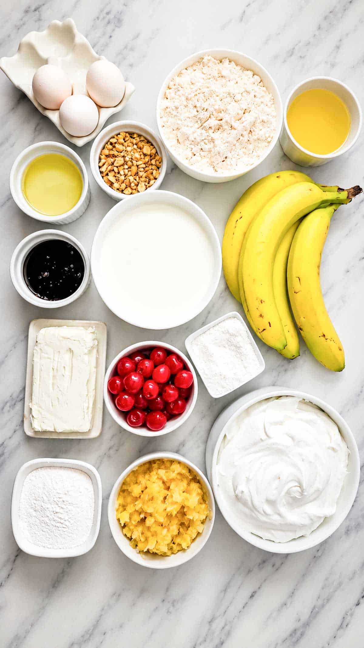 banana split cake ingredients on the kitchen counter