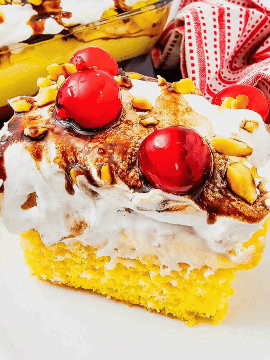 Banana Split Cake is the ultimate easy dessert recipe for anyone who loves classic banana split flavors in a soft baked cake. This layered dessert starts with a moist yellow cake base and is topped with bananas, crushed pineapple, fluffy whipped topping, chocolate drizzle, and maraschino cherries for the perfect sweet finish. If you’re searching for easy cake recipes, banana desserts, pineapple desserts, potluck desserts, summer desserts, or crowd pleasing party desserts, this Banana Split Cake recipe is a must-try. Great for birthdays, BBQs, family gatherings, holidays, and make ahead desserts, this colorful treat is simple to prepare and always a hit with both kids and adults who love fun retro dessert recipes.