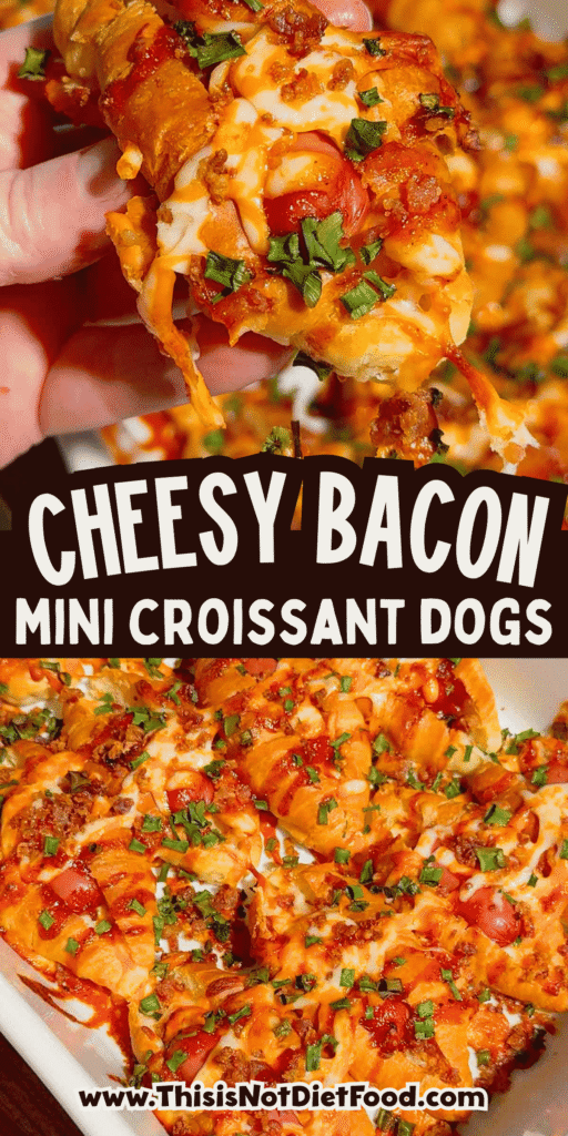Looking for the ultimate easy party appetizer? These Cheesy Bacon Mini Croissant Dogs are loaded with smoky bacon, melty cheddar cheese, cocktail wieners and BBQ sauce baked inside buttery mini croissants for the perfect bite-sized snack. This easy appetizer recipe is perfect for game day food, football parties, holiday appetizers, movie night snacks and fun family dinners. Using store bought mini croissants keeps this recipe quick, simple and packed with comfort food flavor. If you love pigs in a blanket, cheesy hot dog recipes, bacon appetizers, easy finger foods and crowd pleasing party snacks, these loaded mini croissant dogs are a must-try recipe everyone will be grabbing straight from the pan for seconds.