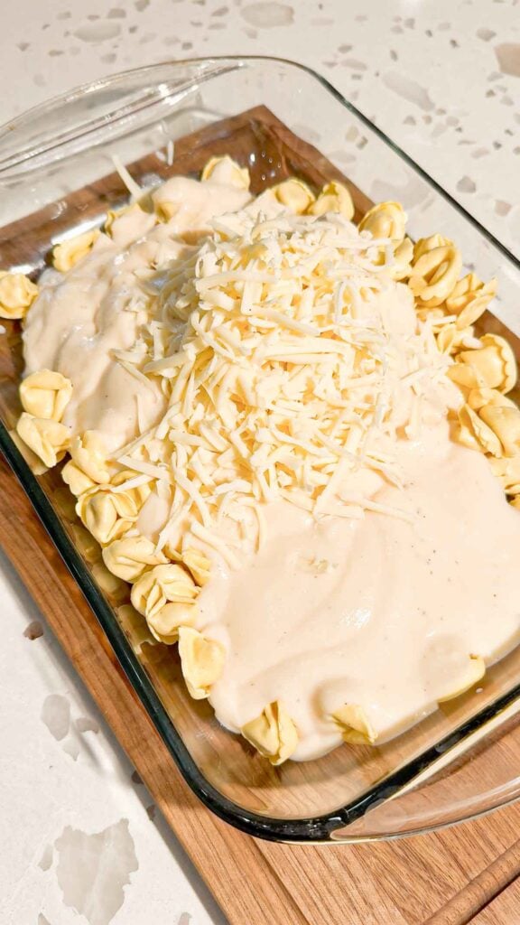 shredded mozzarella cheese and alfredo sauce on top of tortellini in a baking dish