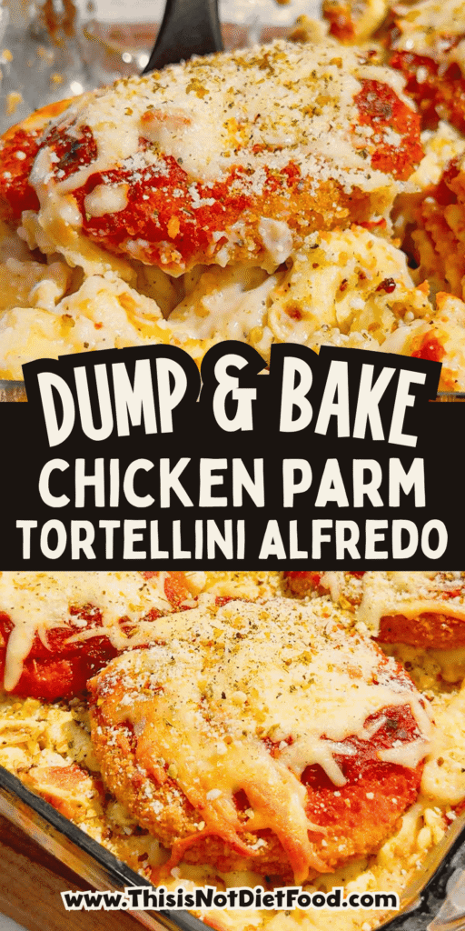 This Dump and Bake Chicken Parm Tortellini Alfredo is the ultimate easy comfort food dinner for busy weeknights, lazy dinners and family meals everyone will love. Made with refrigerated cheese and bacon tortellini, creamy jarred Alfredo sauce, crispy breaded chicken burgers, rich marinara sauce and gooey melted mozzarella, this baked pasta casserole comes together in one dish with almost no prep. If you love easy chicken parm recipes, dump dinners, baked tortellini recipes, cheesy pasta casseroles and simple family dinner ideas, this recipe is a must-try. Perfect for quick weeknight dinners, freezer meals, potlucks and cozy comfort food cravings, this creamy chicken parmesan tortellini bake is loaded with flavour, cheesy layers and hearty pasta goodness in every bite.