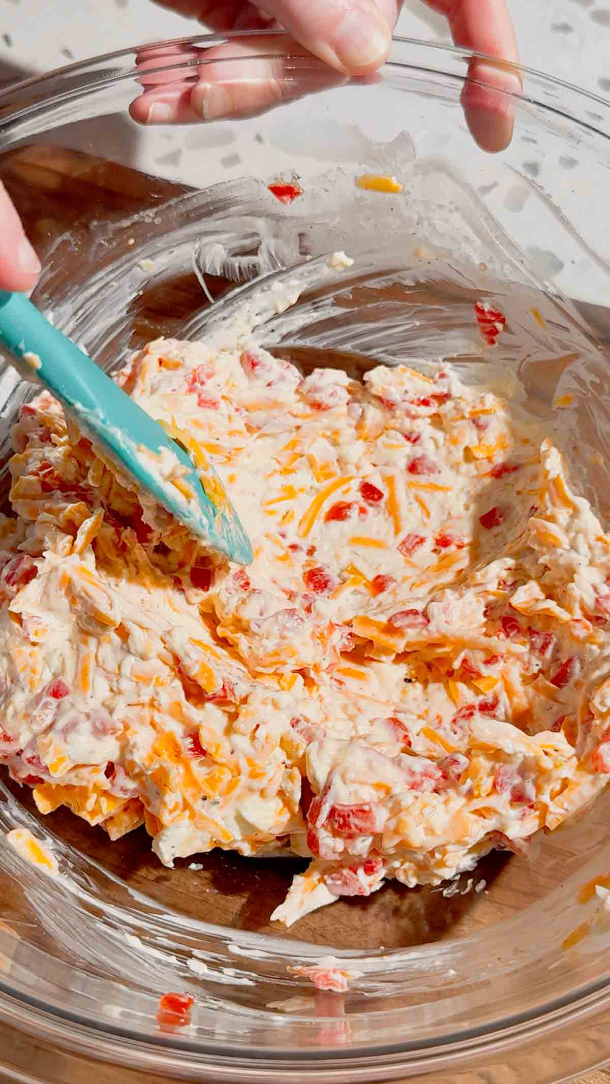 pimento cheese mixture in a mixing bowl
