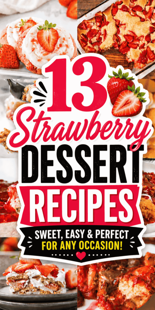 Looking for the best Strawberry Desserts to make this season? This collection of 13 Strawberry Dessert Recipes is packed with Easy Strawberry Desserts, No Bake Strawberry Desserts, Fresh Strawberry Desserts, and crowd-pleasing treats perfect for every occasion. From Strawberry Shortcake Cake, Strawberry Poke Cake, and Easy Strawberry Cheesecake to Strawberry Crunch Trifle, Strawberry Crunch Bars, Homemade Popsicles, Frozen Yogurt Bites, and Fresh Strawberry Crisp Recipes, you'll find plenty of inspiration for Weekend Brunch, Seasonal Celebration gatherings, bake sales, and family get-togethers. Whether you're searching for Recipes Using Fresh Strawberries, Quick And Easy Strawberry Desserts, Summer Pie Ideas, Strawberry Rhubarb Pie, Cake Mix Recipes, Poke Cakes, or Strawberry Cake Easy ideas, these Easy Dessert Recipes deliver sweet Simple Pleasures with every bite. Perfect for Baking, Creative Food lovers, Fresh Fruit desserts, and anyone who loves delicious homemade treats.