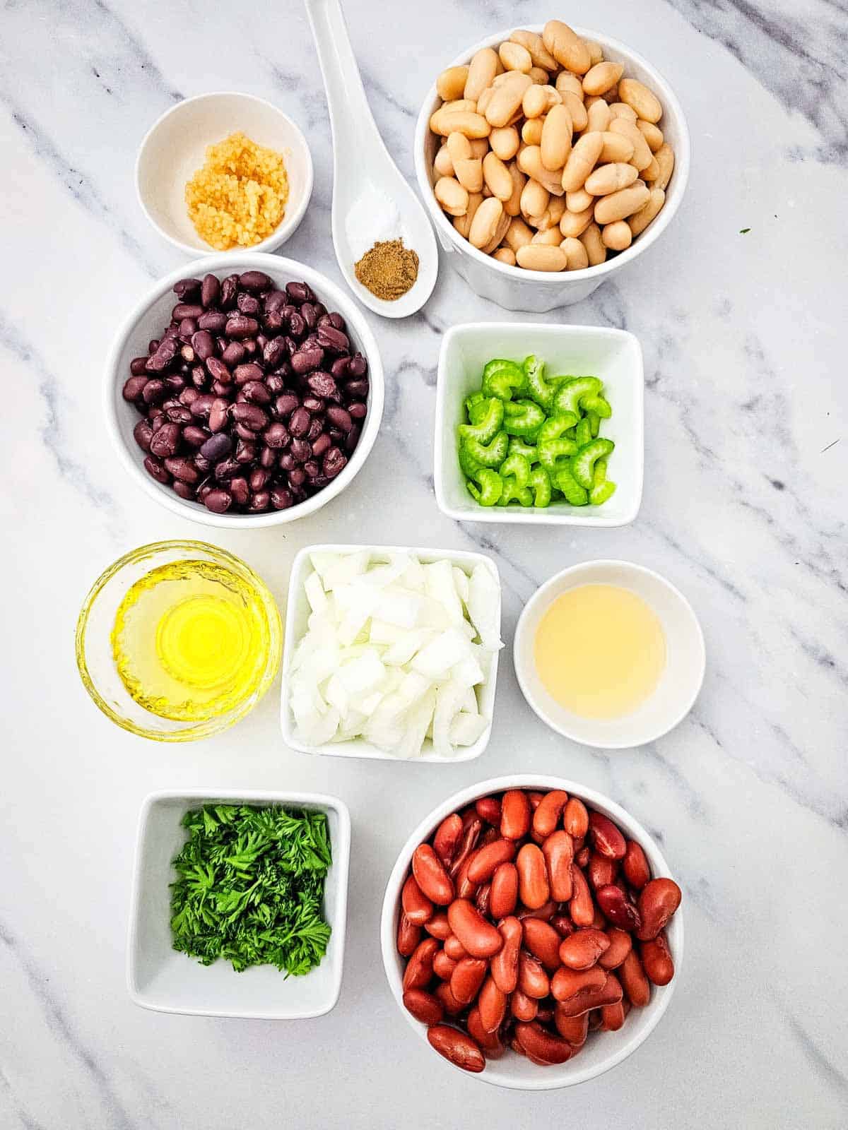3 bean salad ingredients on the kitchen counter