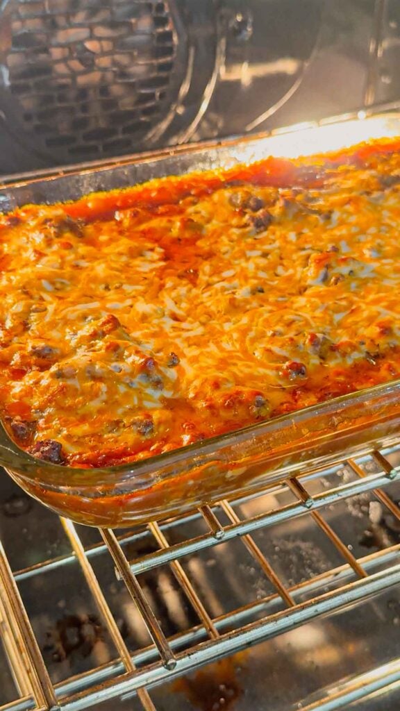 beef enchilada pierogies baking in the oven