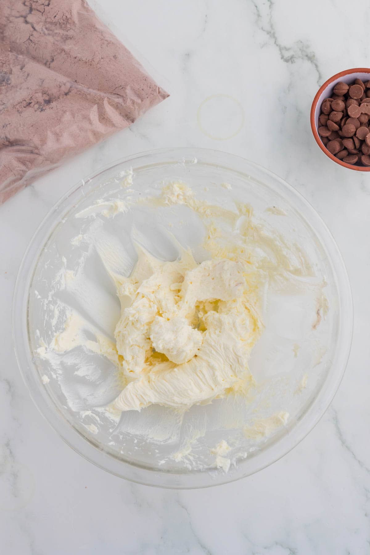 whipped cream cheese in a mixing bowl