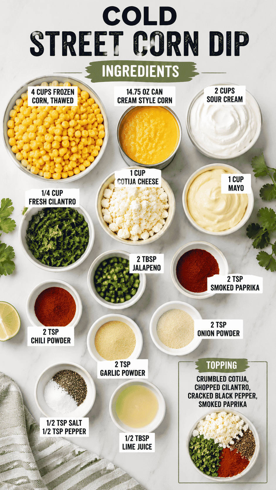 cold street corn dip ingredients on the kitchen counter