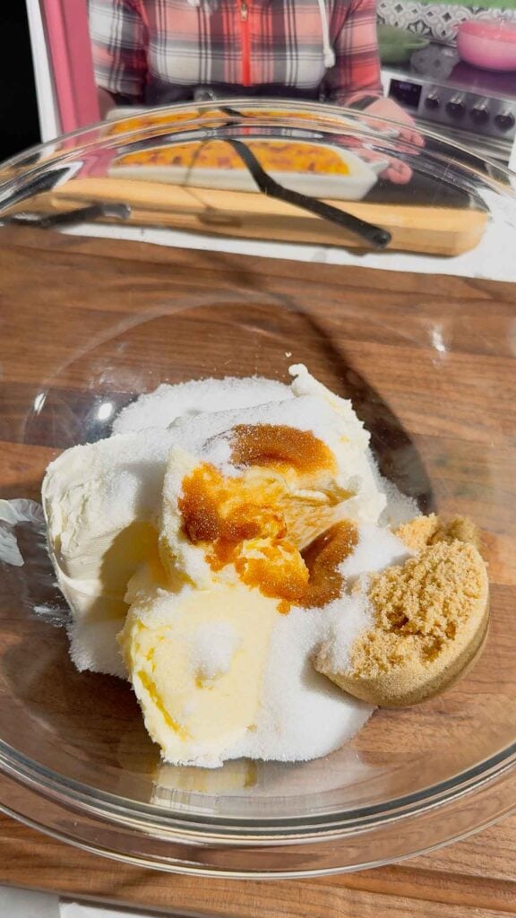 vanilla, sugar, brown sugar, butter and cream cheese in a glass bowl