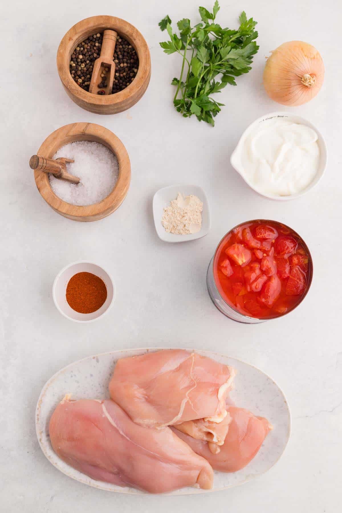 chicken paprikash ingredients on the kitchen counter
