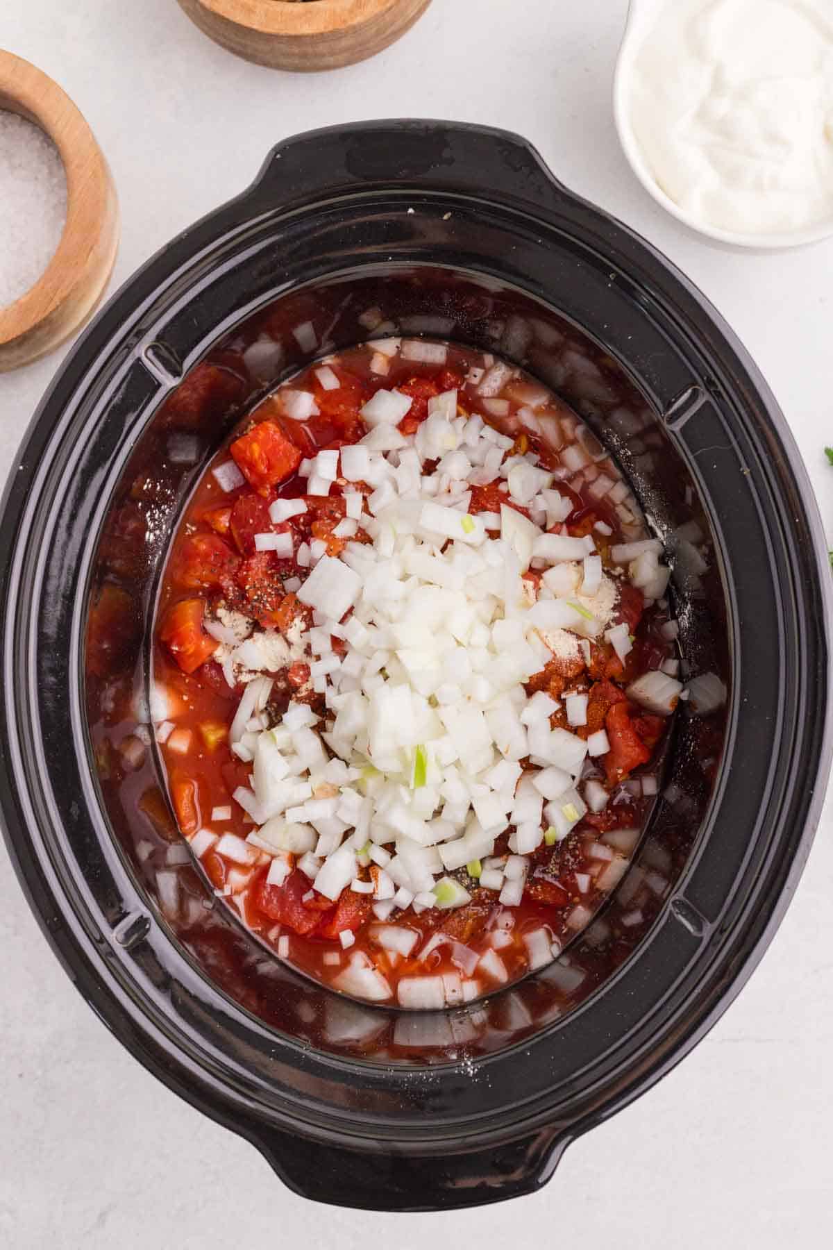 chicken, onion, diced tomatoes, paprika, garlic powder, salt, and pepper in the slow cooker.
