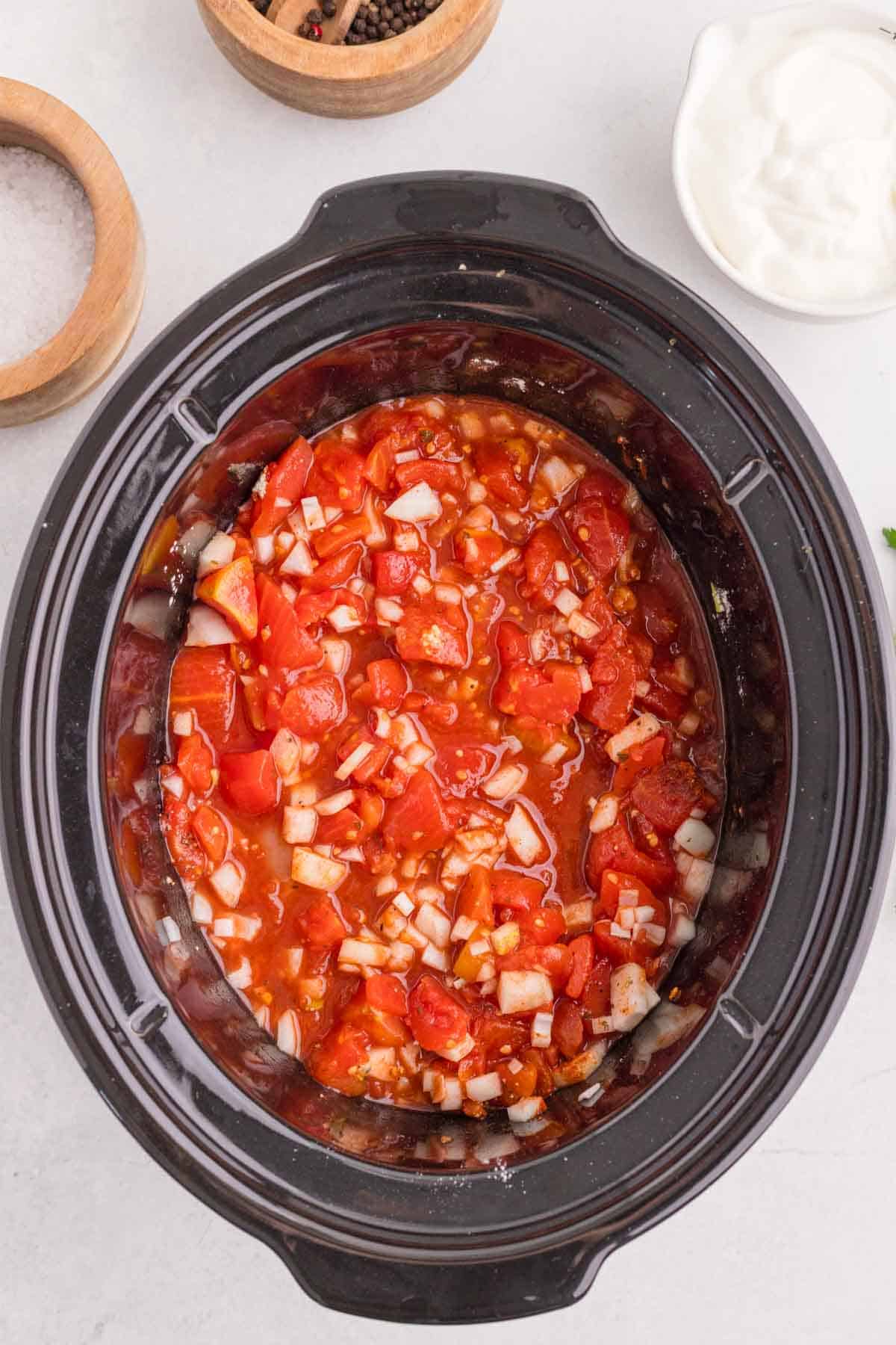 chicken, onion, diced tomatoes, paprika, garlic powder, salt, and pepper in the slow cooker stirred together