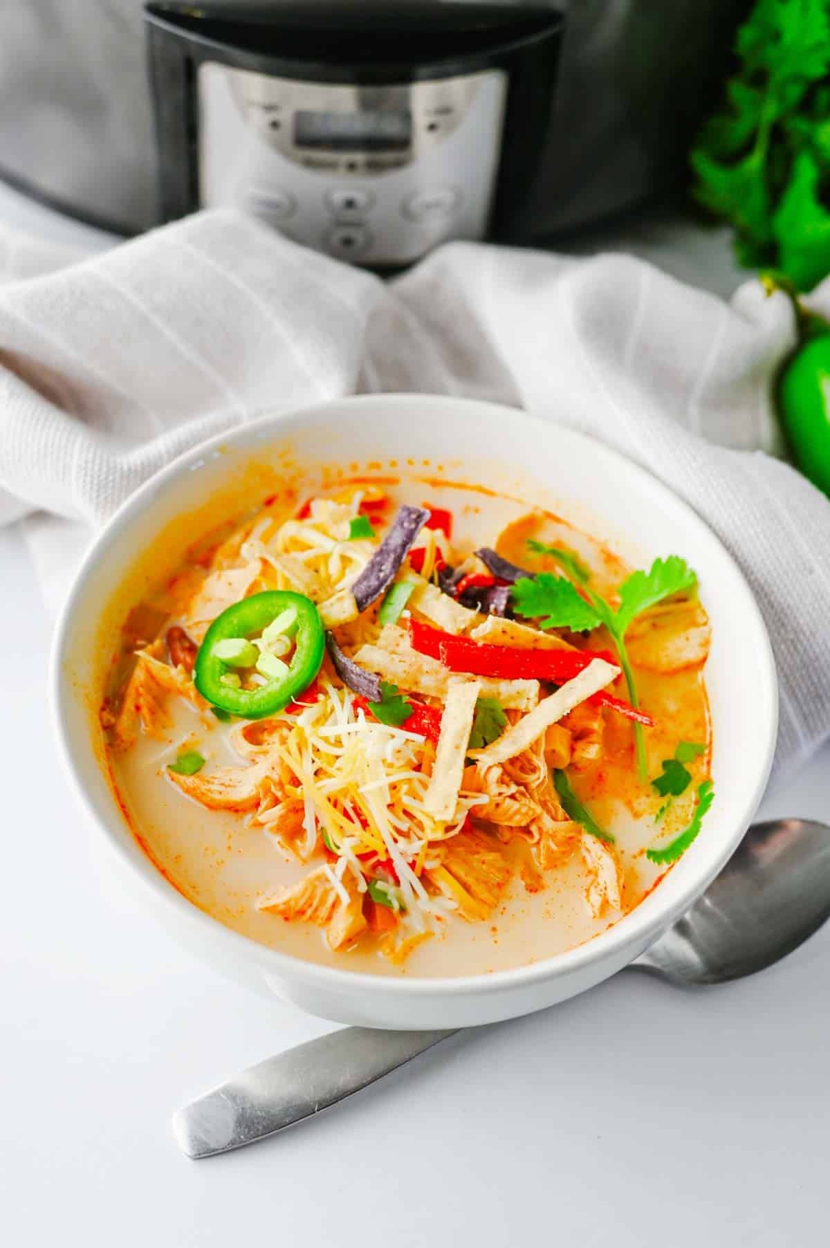 Warm up with this easy Crock Pot Chicken Tortilla Soup, a creamy and comforting dinner loaded with shredded chicken, black beans, pinto beans, corn, peppers, and bold Tex-Mex flavor. This Slow Cooker Chicken Tortilla Soup is the perfect dump-and-go meal for busy weeknights, meal prep, or cozy family dinners. Made with enchilada sauce, taco seasoning, and a splash of half and half, every spoonful is rich, hearty, and satisfying. Top it with crispy tortilla strips, shredded cheese, sour cream, avocado, or jalapeños for the ultimate bowl. If you're looking for easy crock pot soup recipes, slow cooker chicken recipes, or comforting fall and winter dinner ideas, this Chicken Tortilla Soup recipe is guaranteed to become a family favorite you'll make again and again.