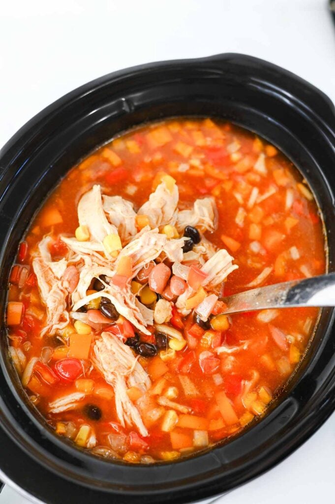 Warm up with this easy Crock Pot Chicken Tortilla Soup, a creamy and comforting dinner loaded with shredded chicken, black beans, pinto beans, corn, peppers, and bold Tex-Mex flavor. This Slow Cooker Chicken Tortilla Soup is the perfect dump-and-go meal for busy weeknights, meal prep, or cozy family dinners. Made with enchilada sauce, taco seasoning, and a splash of half and half, every spoonful is rich, hearty, and satisfying. Top it with crispy tortilla strips, shredded cheese, sour cream, avocado, or jalapeños for the ultimate bowl. If you're looking for easy crock pot soup recipes, slow cooker chicken recipes, or comforting fall and winter dinner ideas, this Chicken Tortilla Soup recipe is guaranteed to become a family favorite you'll make again and again.