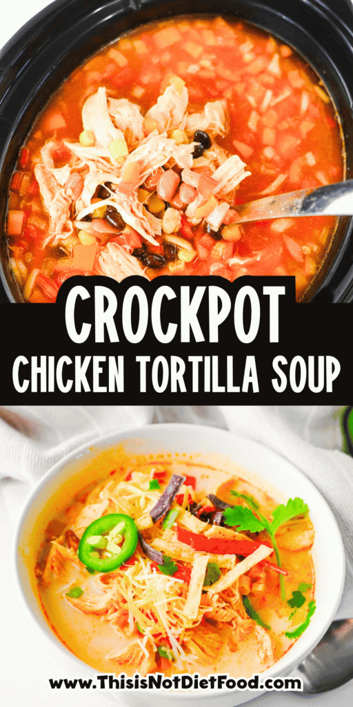 Warm up with this easy Crock Pot Chicken Tortilla Soup, a creamy and comforting dinner loaded with shredded chicken, black beans, pinto beans, corn, peppers, and bold Tex-Mex flavor. This Slow Cooker Chicken Tortilla Soup is the perfect dump-and-go meal for busy weeknights, meal prep, or cozy family dinners. Made with enchilada sauce, taco seasoning, and a splash of half and half, every spoonful is rich, hearty, and satisfying. Top it with crispy tortilla strips, shredded cheese, sour cream, avocado, or jalapeños for the ultimate bowl. If you're looking for easy crock pot soup recipes, slow cooker chicken recipes, or comforting fall and winter dinner ideas, this Chicken Tortilla Soup recipe is guaranteed to become a family favorite you'll make again and again.