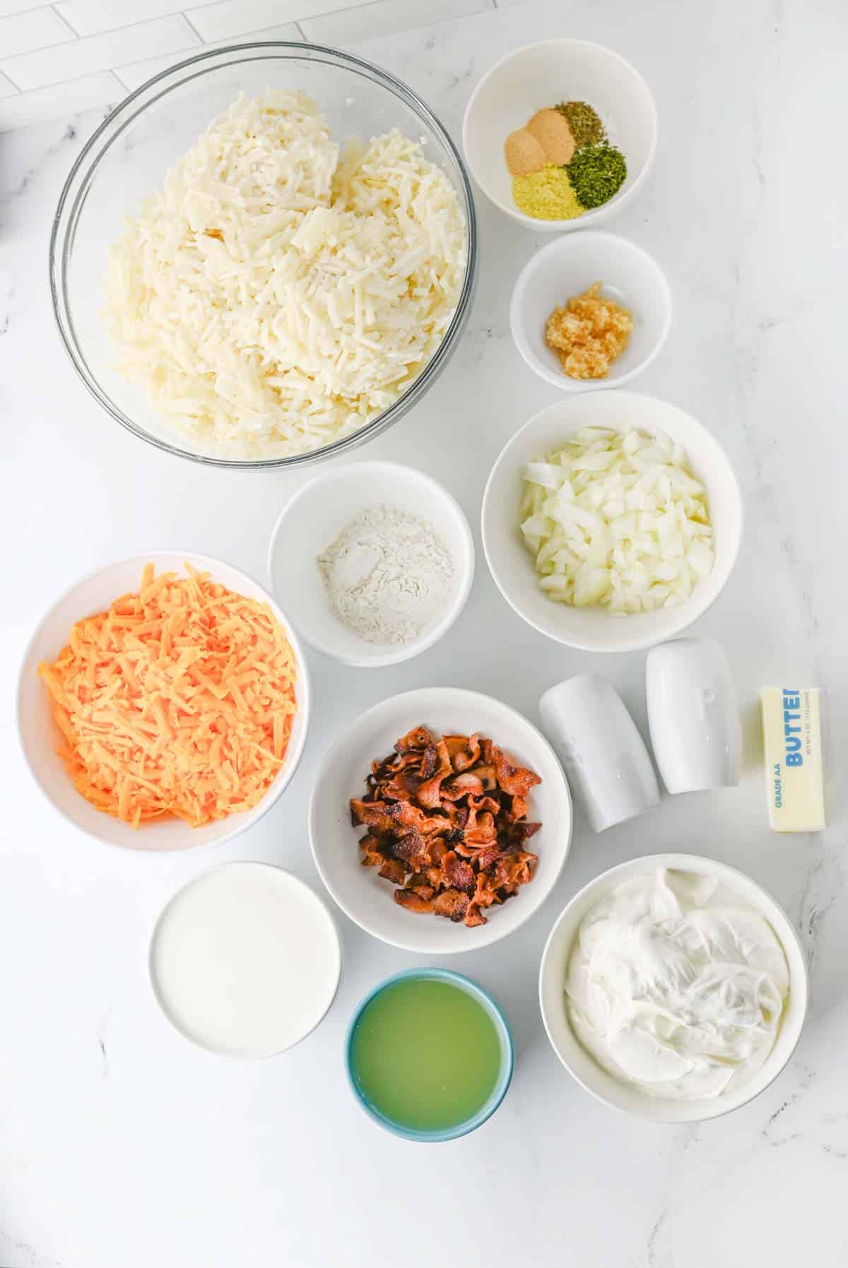 crockpot hashbrown casserole ingredients on the kitchen counter