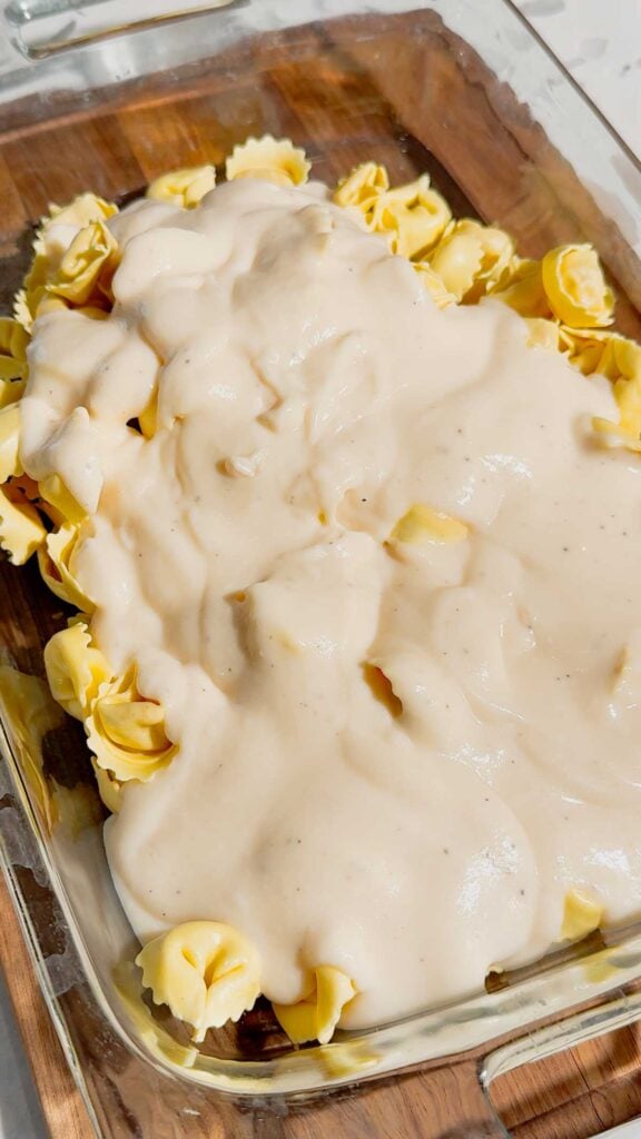 alfredo sauce on top of tortellini in a baking dish